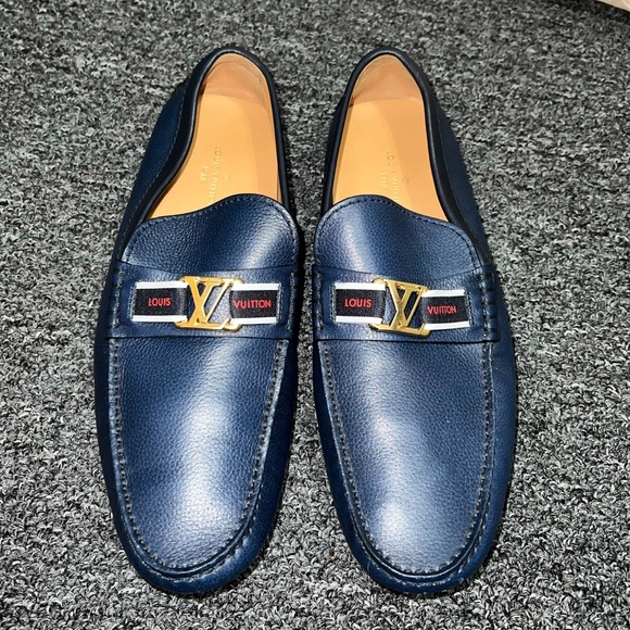 Authentic Louis Vuitton Hockenheim Loafers Leather Navy Blue Size 7 Mens - Picture 1 of 9